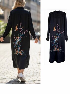 Johnny Was Black Silk Button Down Shirt Dress Duster Size Medium Embroidery